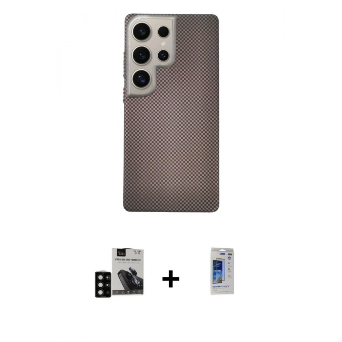 MARSİLYAN™- Galaxy S24 Ultra Kılıf Eksen Prime - Siyah Durable Full Glue Curved Hayalet Cam + PVD Metal Kamera Lens - SH