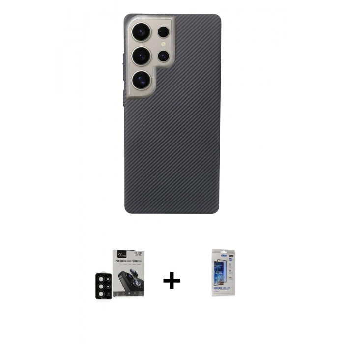 MARSİLYAN™- Galaxy S24 Ultra Kılıf Eksen Prime - Siyah Durable Full Glue Curved Hayalet Cam + PVD Metal Kamera Lens - SH
