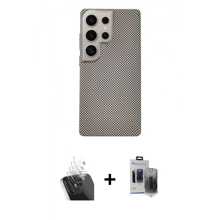 MARSİLYAN™- Galaxy S24 Ultra Kılıf Eksen Prime - Siyah Vanessa Magic Hayalet Cam + Şeffaf Kamera Lens Koruma Cam