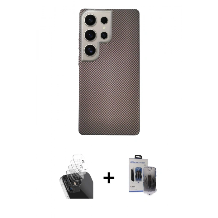 MARSİLYAN™- Galaxy S24 Ultra Kılıf Eksen Prime - Siyah Vanessa Magic Hayalet Cam + Şeffaf Kamera Lens Koruma Cam