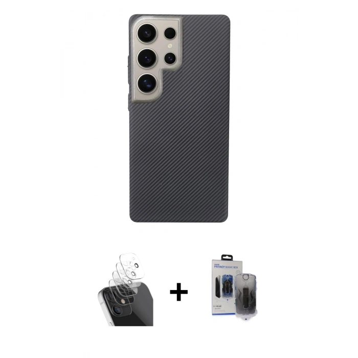 MARSİLYAN™- Galaxy S24 Ultra Kılıf Eksen Prime - Siyah Vanessa Magic Hayalet Cam + Şeffaf Kamera Lens Koruma Cam