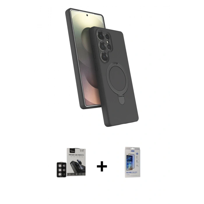 MARSİLYAN™- Galaxy S24 Ultra Kılıf İz Işık Koleksiyonu - Siyah Durable Full Glue Curved Cam + PVD Metal Kamera Lens - DNMR