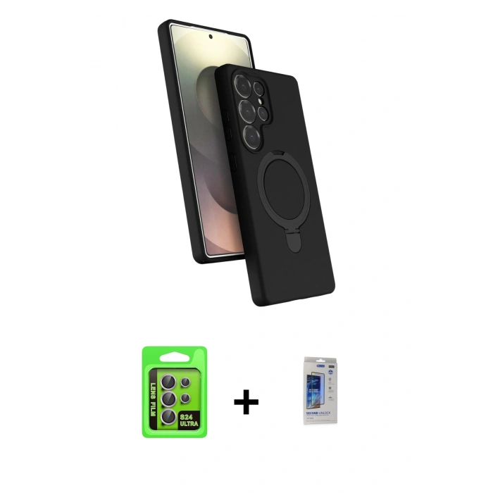 MARSİLYAN™- Galaxy S24 Ultra Kılıf İz Işık Koleksiyonu - Siyah Durable Full Glue Curved Hayalet Cam + Raze Metal Kamera Lens - MR