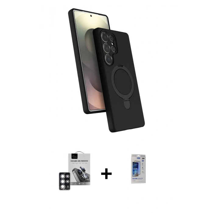 MARSİLYAN™- Galaxy S24 Ultra Kılıf İz Işık Koleksiyonu - Siyah Durable Full Glue Curved Hayalet Cam + PVD Metal Kamera Lens - PE