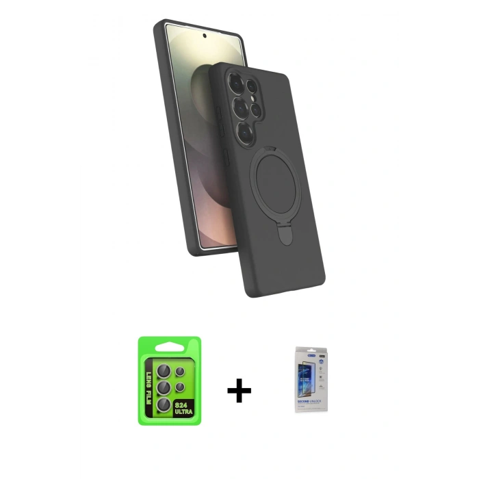 MARSİLYAN™- Galaxy S24 Ultra Kılıf İz Işık Koleksiyonu - Siyah Durable Full Glue Curved Hayalet Cam + Raze Metal Kamera Lens - GI