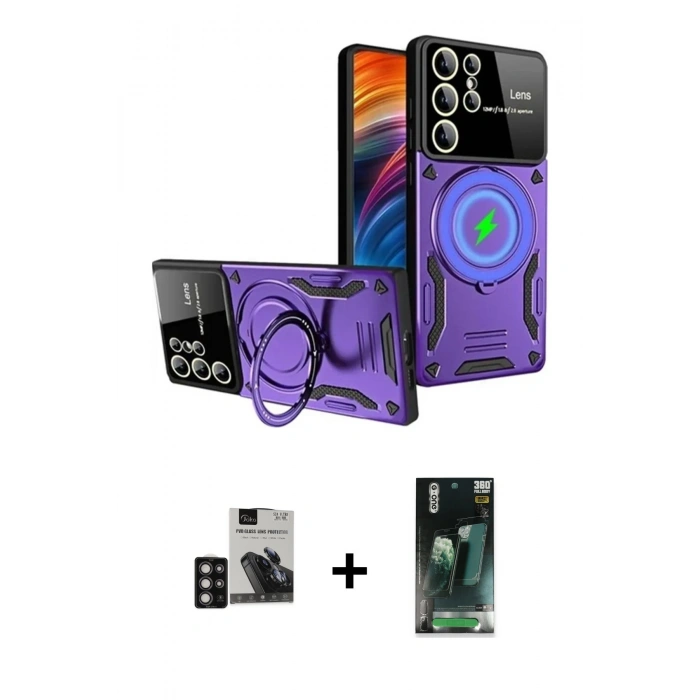 MARSİLYAN™- Galaxy S24 Ultra Kılıf Kıvılcım Modern Serisi - Şeffaf 360 Full Body Arka Koruyucu + PVD Metal Kamera Lens - DNMR