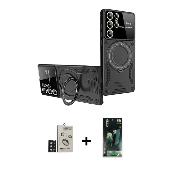 MARSİLYAN™- Galaxy S24 Ultra Kılıf Kıvılcım Modern Serisi - Siyah 360 Mat Full Body Arka Koruyucu + Bilvis Titan Kamera Lens - SH
