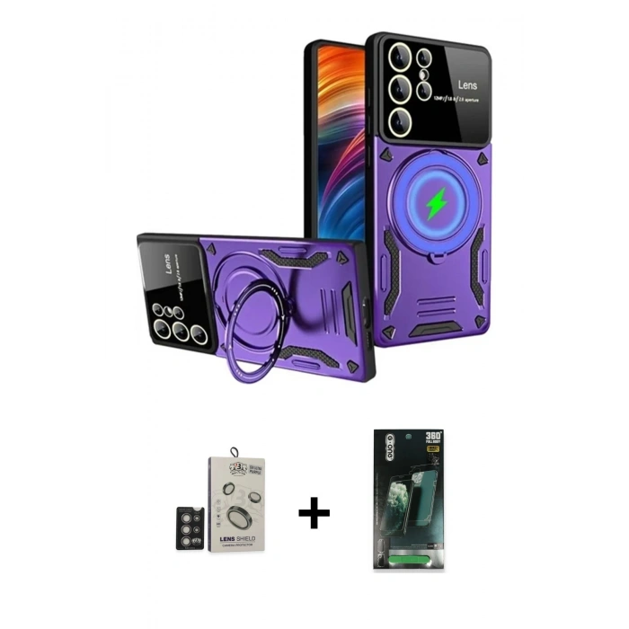 MARSİLYAN™- Galaxy S24 Ultra Kılıf Kıvılcım Modern Serisi - Siyah 360 Mat Full Body Arka Koruyucu + Bilvis Titan Kamera Lens - DNMR