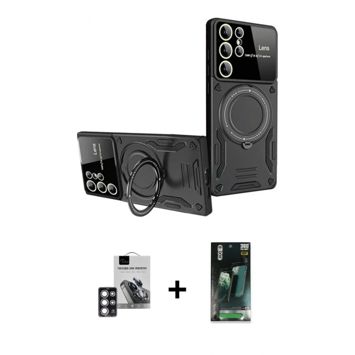 MARSİLYAN™- Galaxy S24 Ultra Kılıf Kıvılcım Modern Serisi - Siyah 360 Mat Full Body Arka Koruyucu + PVD Metal Kamera Lens - PE