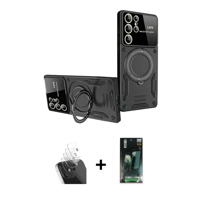 MARSİLYAN™- Galaxy S24 Ultra Kılıf Kıvılcım Modern Serisi - Siyah 360 Mat Full Body Arka Koruyucu + Kamera Lens Koruma Cam - SF