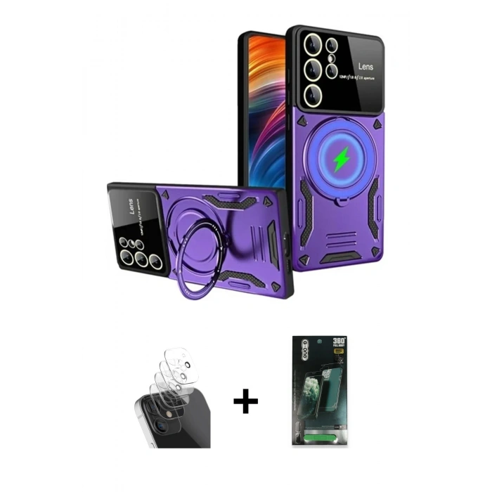 MARSİLYAN™- Galaxy S24 Ultra Kılıf Kıvılcım Modern Serisi - Siyah 360 Mat Full Body Arka Koruyucu + Kamera Lens Koruma Cam - SF