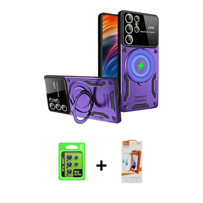 MARSİLYAN™- Galaxy S24 Ultra Kılıf Kıvılcım Modern Serisi - Siyah AutoKit 5in1 Fiber Polymer Nano Ekran Koruyucu + Raze Metal Kamera Lens - GS