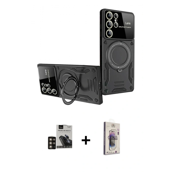 MARSİLYAN™- Galaxy S24 Ultra Kılıf Kıvılcım Modern Serisi - Siyah Bilvis 3D Cam Ekran Koruyucu + PVD Metal Kamera Lens - GD