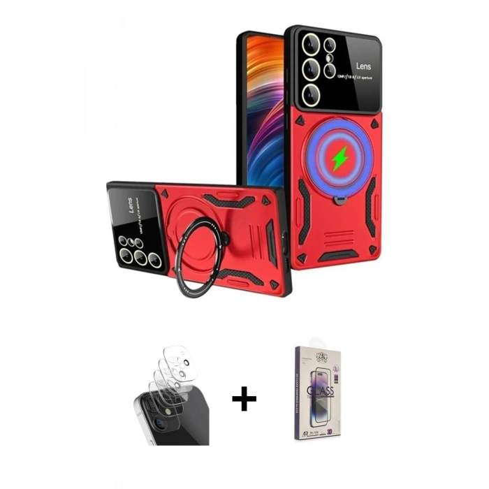 MARSİLYAN™- Galaxy S24 Ultra Kılıf Kıvılcım Modern Serisi - Siyah Bilvis 3D Cam Ekran Koruyucu + Kamera Lens Koruma Cam - SF