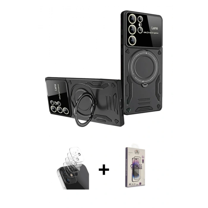 MARSİLYAN™- Galaxy S24 Ultra Kılıf Kıvılcım Modern Serisi - Siyah Bilvis 3D Cam Ekran Koruyucu + Kamera Lens Koruma Cam - SF