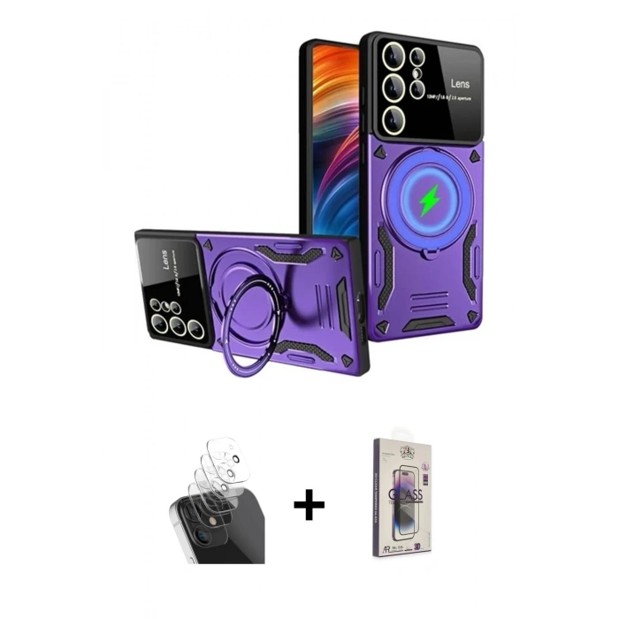 MARSİLYAN™- Galaxy S24 Ultra Kılıf Kıvılcım Modern Serisi - Siyah Bilvis 3D Cam Ekran Koruyucu + Kamera Lens Koruma Cam - SF