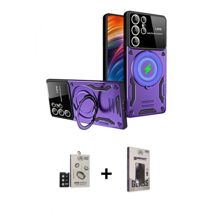 MARSİLYAN™- Galaxy S24 Ultra Kılıf Kıvılcım Modern Serisi - Siyah Bilvis Hayalet Cam Ekran Koruyucu + Bilvis Titan Kamera Lens - SH