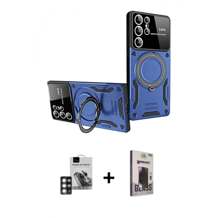 MARSİLYAN™- Galaxy S24 Ultra Kılıf Kıvılcım Modern Serisi - Siyah Bilvis Hayalet Cam Ekran Koruyucu + PVD Metal Kamera Lens - PE