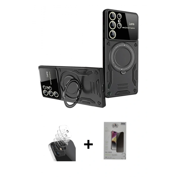 MARSİLYAN™- Galaxy S24 Ultra Kılıf Kıvılcım Modern Serisi - Siyah Bilvis Hayalet Cam Ekran Koruyucu + Kamera Lens Koruma Cam - SF