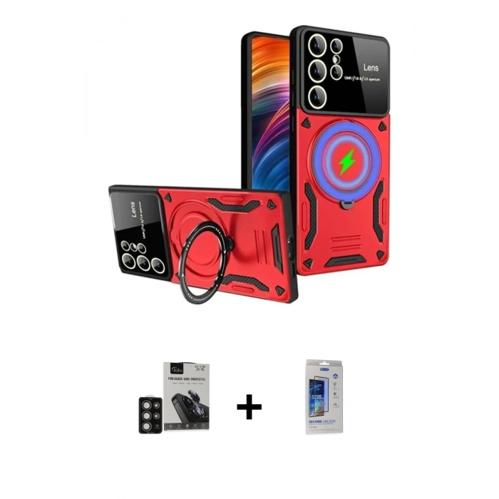 MARSİLYAN™- Galaxy S24 Ultra Kılıf Kıvılcım Modern Serisi - Siyah Durable Full Glue Curved Cam + Derin Mor PVD Metal Kamera Lens