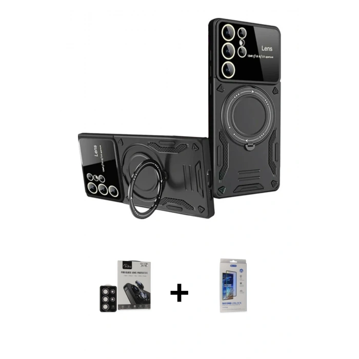 MARSİLYAN™- Galaxy S24 Ultra Kılıf Kıvılcım Modern Serisi - Siyah Durable Full Glue Curved Cam + Derin Mor PVD Metal Kamera Lens