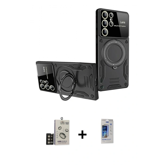 MARSİLYAN™- Galaxy S24 Ultra Kılıf Kıvılcım Modern Serisi - Siyah Durable Full Glue Curved Cam + Bilvis Titan Kamera Lens - GD