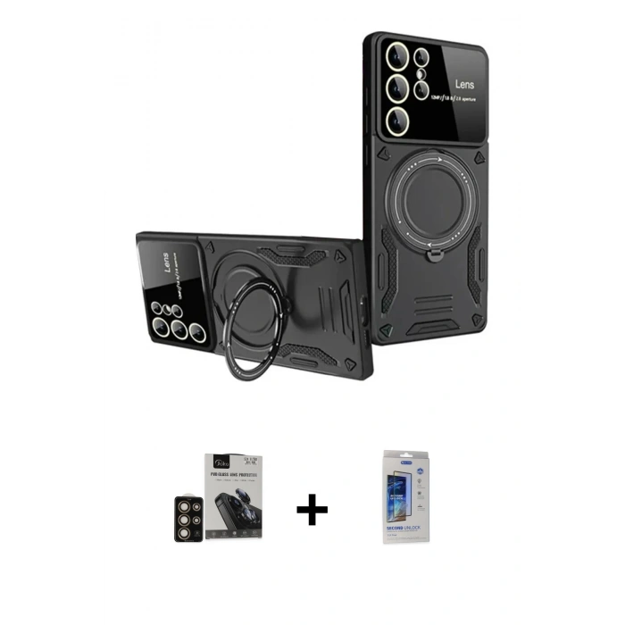 MARSİLYAN™- Galaxy S24 Ultra Kılıf Kıvılcım Modern Serisi - Siyah Durable Full Glue Curved Cam + Gold PVD Metal Kamera Lens