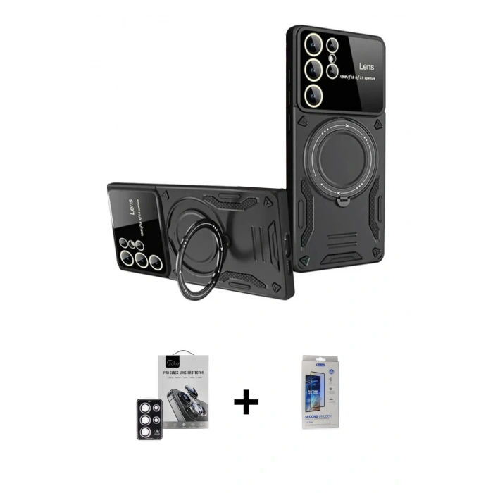 MARSİLYAN™- Galaxy S24 Ultra Kılıf Kıvılcım Modern Serisi - Siyah Durable Full Glue Curved Cam + PVD Metal Kamera Lens - PE