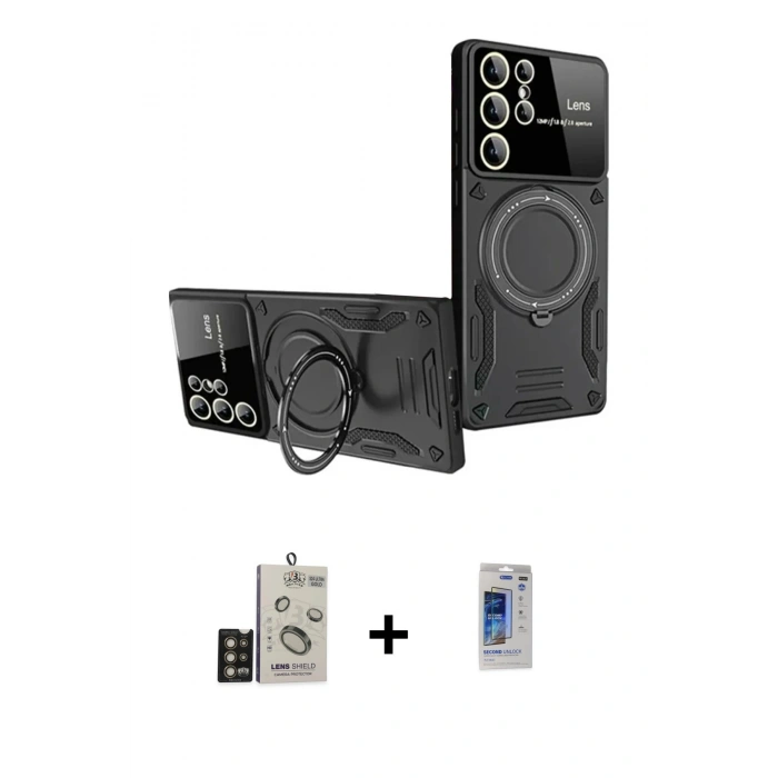 MARSİLYAN™- Galaxy S24 Ultra Kılıf Kıvılcım Modern Serisi - Siyah Durable Full Glue Curved Hayalet Cam + Bilvis Titan Kamera Lens - GD