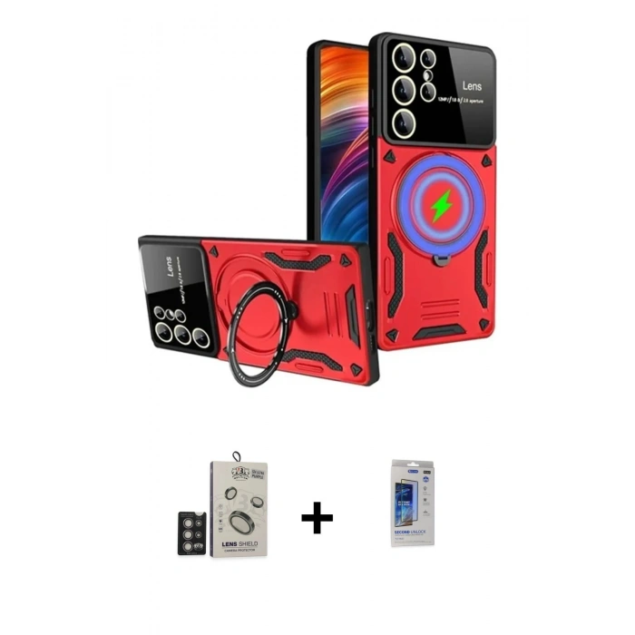 MARSİLYAN™- Galaxy S24 Ultra Kılıf Kıvılcım Modern Serisi - Siyah Durable Full Glue Curved Hayalet Cam + Bilvis Titan Kamera Lens - DNMR