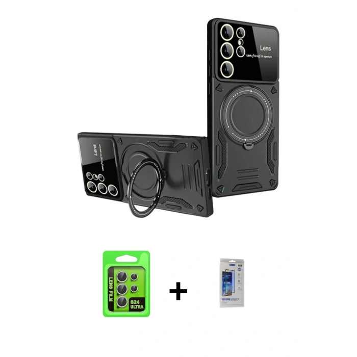 MARSİLYAN™- Galaxy S24 Ultra Kılıf Kıvılcım Modern Serisi - Siyah Durable Full Glue Curved Hayalet Cam + Raze Metal Kamera Lens - GS
