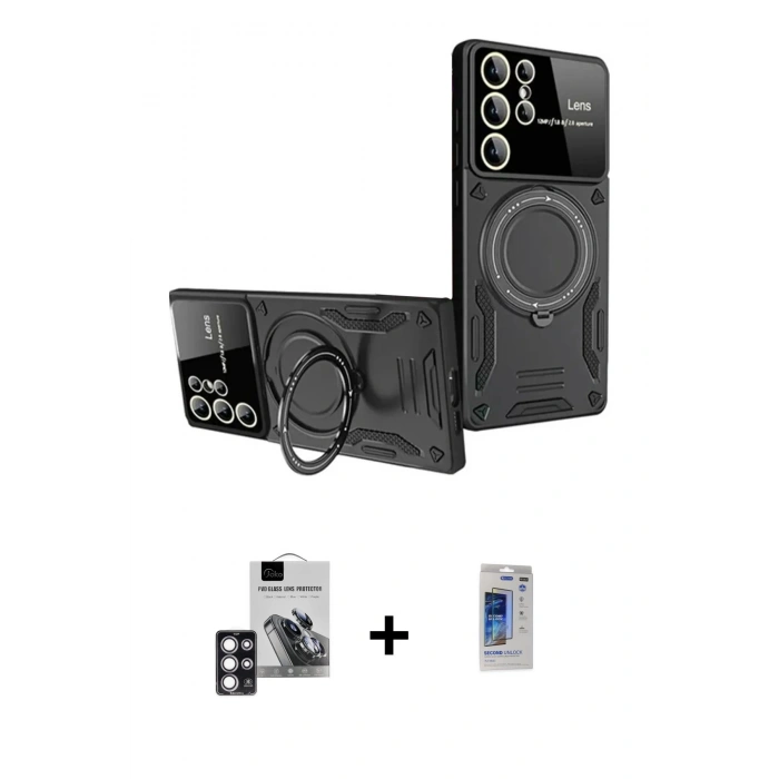 MARSİLYAN™- Galaxy S24 Ultra Kılıf Kıvılcım Modern Serisi - Siyah Durable Full Glue Curved Hayalet Cam + PVD Metal Kamera Lens - PE