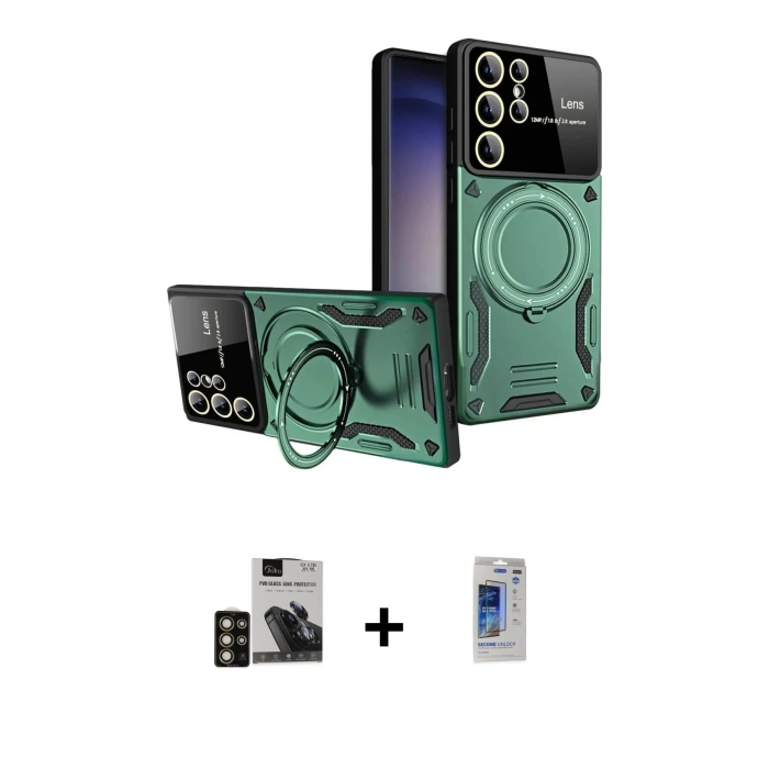 MARSİLYAN™- Galaxy S24 Ultra Kılıf Kıvılcım Modern Serisi - Siyah Durable Full Glue Curved Hayalet Cam + PVD Metal Kamera Lens - GD
