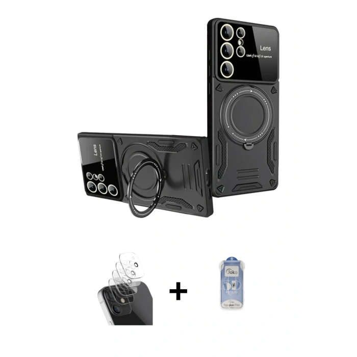 MARSİLYAN™- Galaxy S24 Ultra Kılıf Kıvılcım Modern Serisi - Siyah Joko Magic 5D Cam + Kamera Lens Koruma Cam - SF