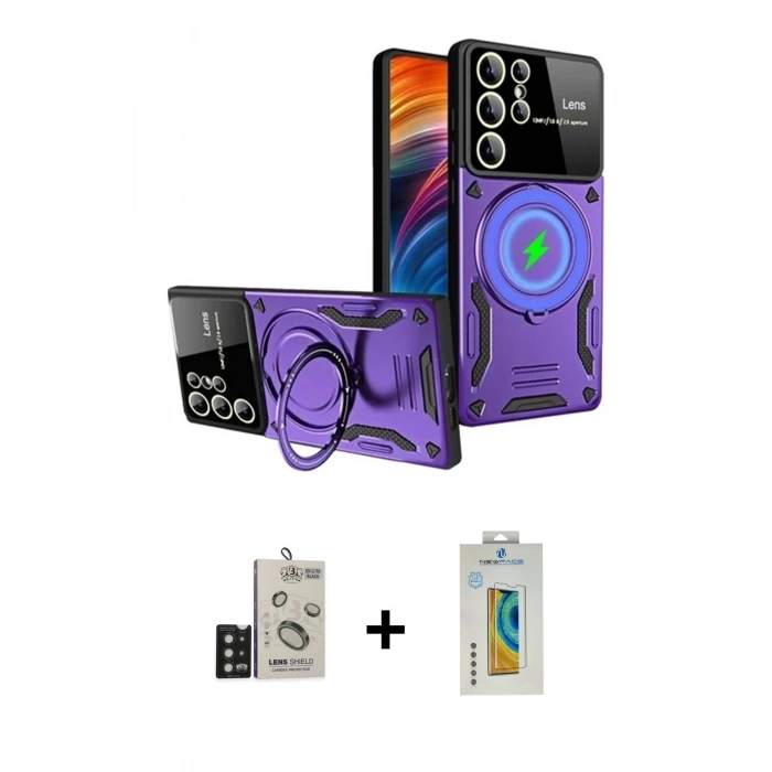 MARSİLYAN™- Galaxy S24 Ultra Kılıf Kıvılcım Modern Serisi - Siyah Polymer Nano Ekran Koruyucu + Bilvis Titan Kamera Lens - SH