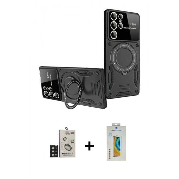 MARSİLYAN™- Galaxy S24 Ultra Kılıf Kıvılcım Modern Serisi - Siyah Polymer Nano Ekran Koruyucu + Bilvis Titan Kamera Lens - SH