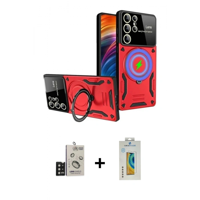MARSİLYAN™- Galaxy S24 Ultra Kılıf Kıvılcım Modern Serisi - Siyah Polymer Nano Ekran Koruyucu + Bilvis Titan Kamera Lens - SH