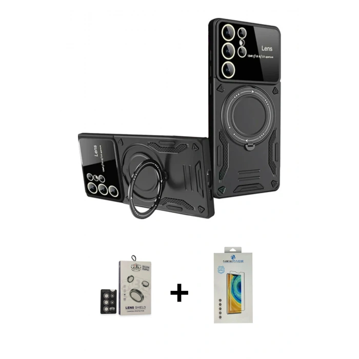MARSİLYAN™- Galaxy S24 Ultra Kılıf Kıvılcım Modern Serisi - Siyah Polymer Nano Ekran Koruyucu + Bilvis Titan Kamera Lens - DNMR