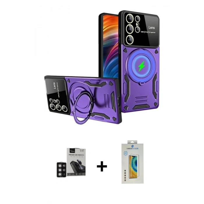 MARSİLYAN™- Galaxy S24 Ultra Kılıf Kıvılcım Modern Serisi - Siyah Polymer Nano Ekran Koruyucu + PVD Metal Kamera Lens - DNMR