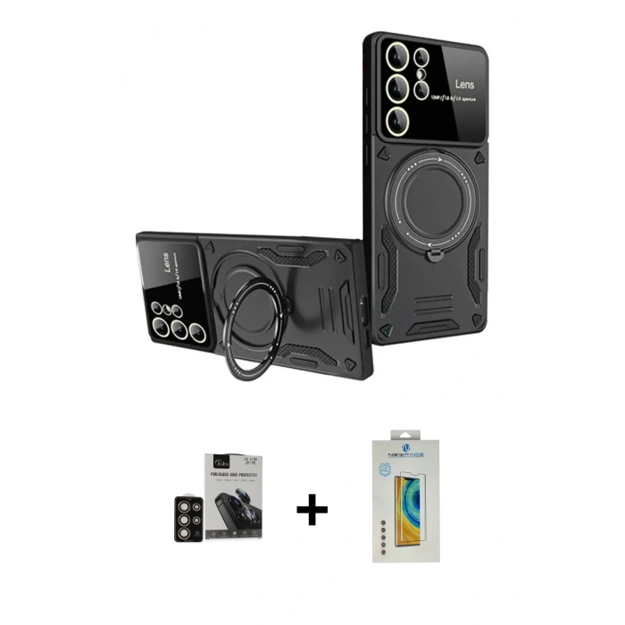 MARSİLYAN™- Galaxy S24 Ultra Kılıf Kıvılcım Modern Serisi - Siyah Polymer Nano Ekran Koruyucu + PVD Metal Kamera Lens - GD