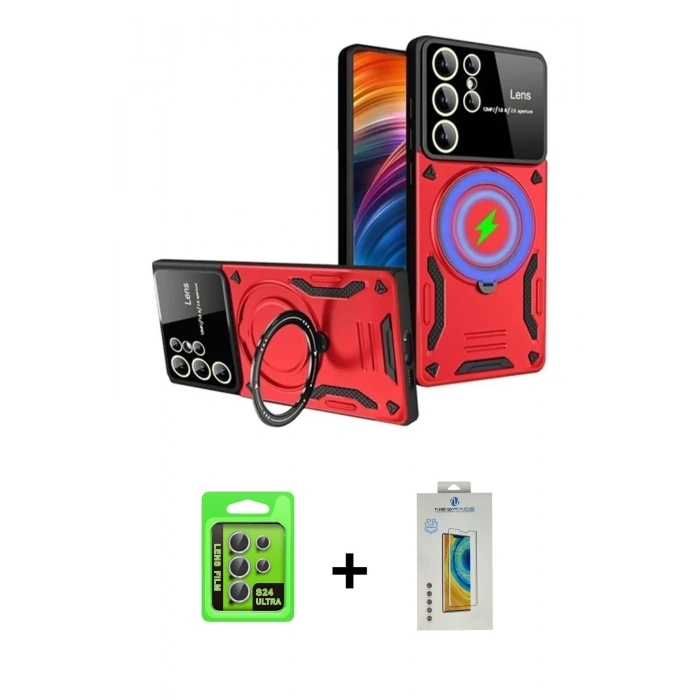 MARSİLYAN™- Galaxy S24 Ultra Kılıf Kıvılcım Modern Serisi - Siyah Polymer Nano Ekran Koruyucu + Raze Metal Kamera Lens - GS