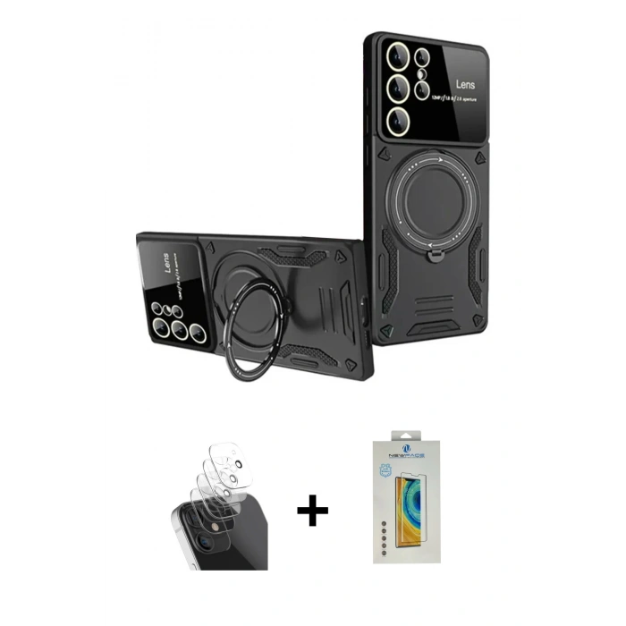 MARSİLYAN™- Galaxy S24 Ultra Kılıf Kıvılcım Modern Serisi - Siyah Polymer Nano Ekran Koruyucu + Kamera Lens Koruma Cam - SF