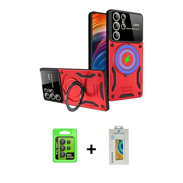 MARSİLYAN™- Galaxy S24 Ultra Kılıf Kıvılcım Modern Serisi - Siyah Polymer Nano Ekran Koruyucu + Siyah Raze Metal Kamera Lens
