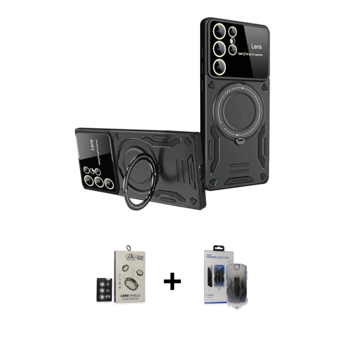 MARSİLYAN™- Galaxy S24 Ultra Kılıf Kıvılcım Modern Serisi - Siyah Vanessa Magic Hayalet Cam + Bilvis Titan Kamera Lens - DNMR