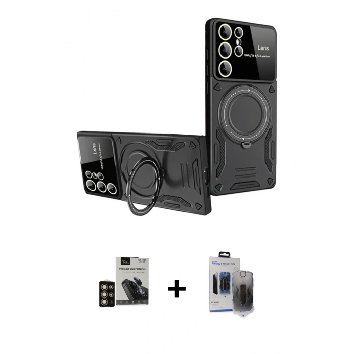 MARSİLYAN™- Galaxy S24 Ultra Kılıf Kıvılcım Modern Serisi - Siyah Vanessa Magic Hayalet Cam + PVD Metal Kamera Lens - GD