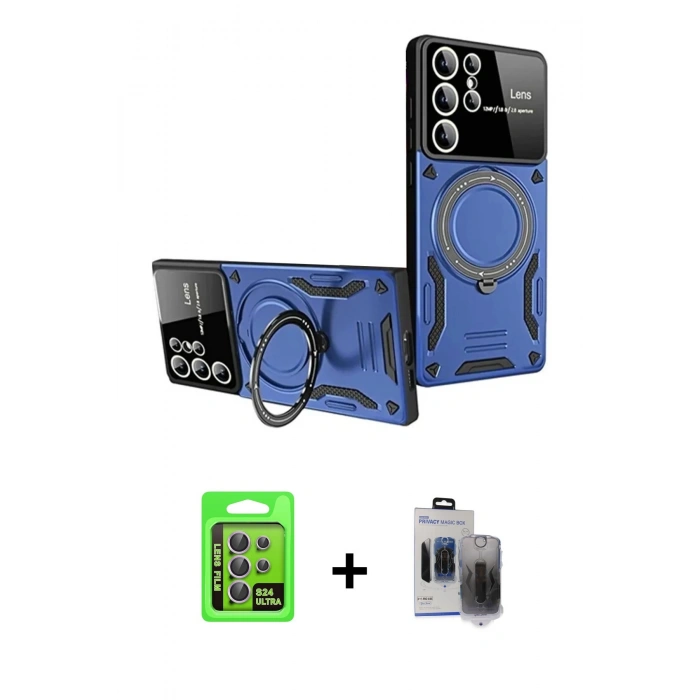 MARSİLYAN™- Galaxy S24 Ultra Kılıf Kıvılcım Modern Serisi - Siyah Vanessa Magic Hayalet Cam + Raze Metal Kamera Lens - MR