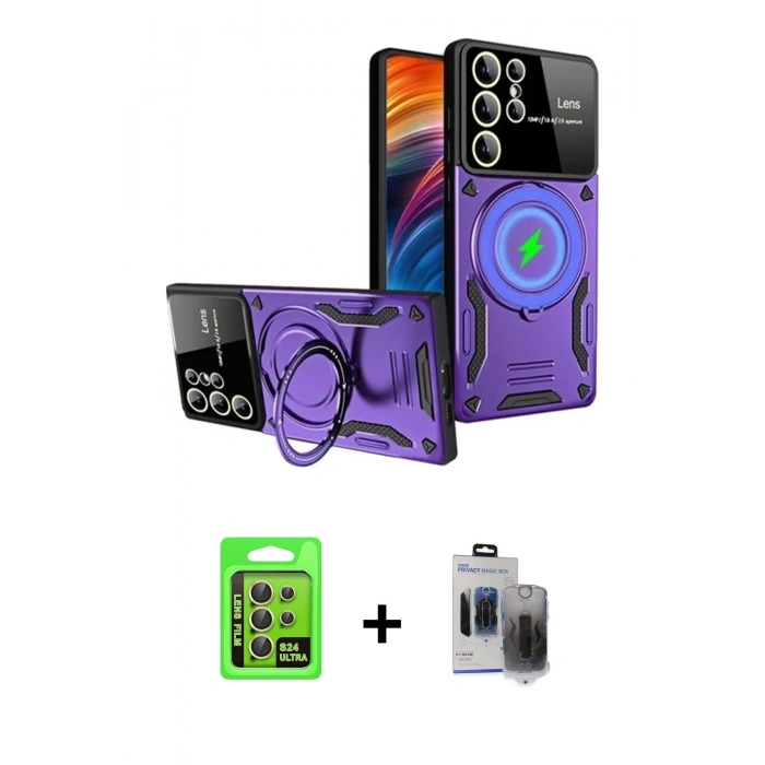 MARSİLYAN™- Galaxy S24 Ultra Kılıf Kıvılcım Modern Serisi - Siyah Vanessa Magic Hayalet Cam + Raze Metal Kamera Lens - SI