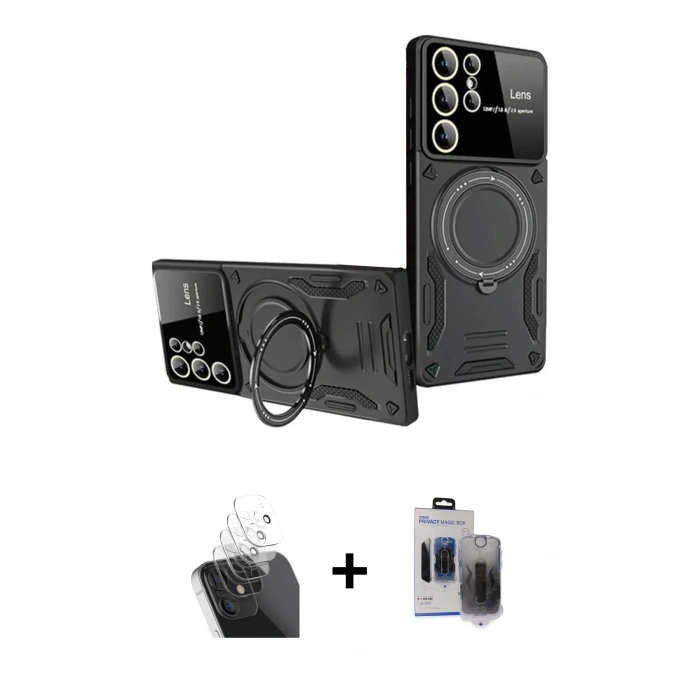 MARSİLYAN™- Galaxy S24 Ultra Kılıf Kıvılcım Modern Serisi - Siyah Vanessa Magic Hayalet Cam + Şeffaf Kamera Lens Koruma Cam