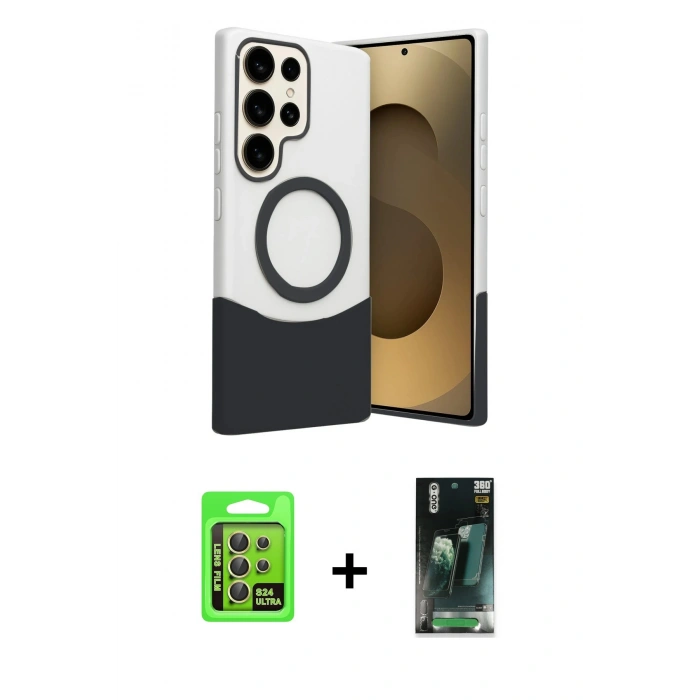MARSİLYAN™- Galaxy S24 Ultra Kılıf Kozmos Form Özel Seri - Siyah 360 Mat Full Body Arka Koruyucu + Raze Metal Kamera Lens - SI