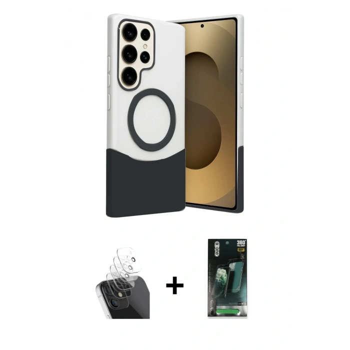 MARSİLYAN™- Galaxy S24 Ultra Kılıf Kozmos Form Özel Seri - Siyah 360 Mat Full Body Arka Koruyucu + Kamera Lens Koruma Cam - SF